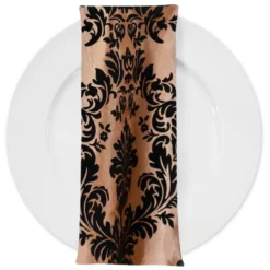Damask Flocking Taffeta Table Napkin in Black on Gold
