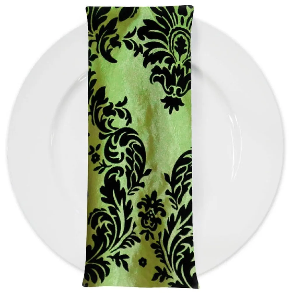 Damask Flocking Taffeta Table Napkin in Black on Olive