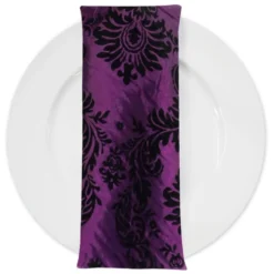 Damask Flocking Taffeta Table Napkin in Black on Plum