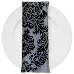 Damask Flocking Taffeta Table Napkin in Black on Silver