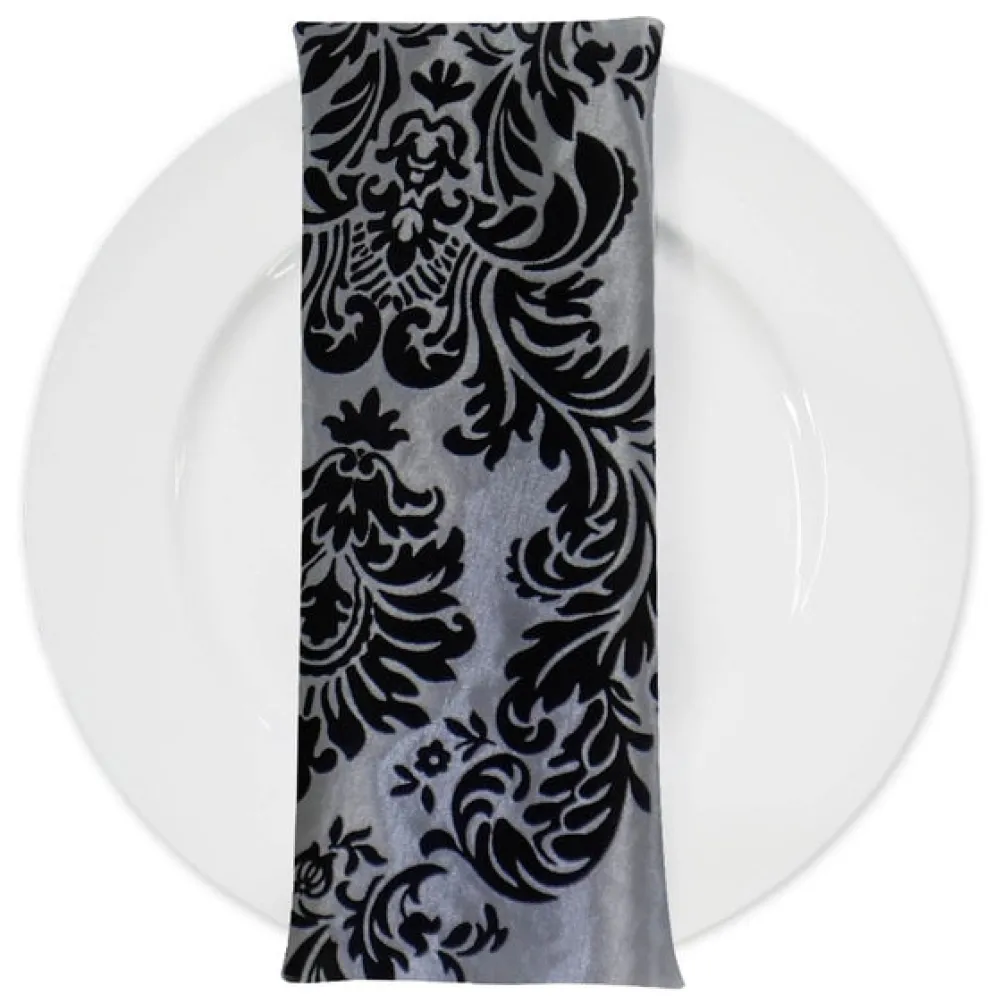 Damask Flocking Taffeta Table Napkin in Black on Silver