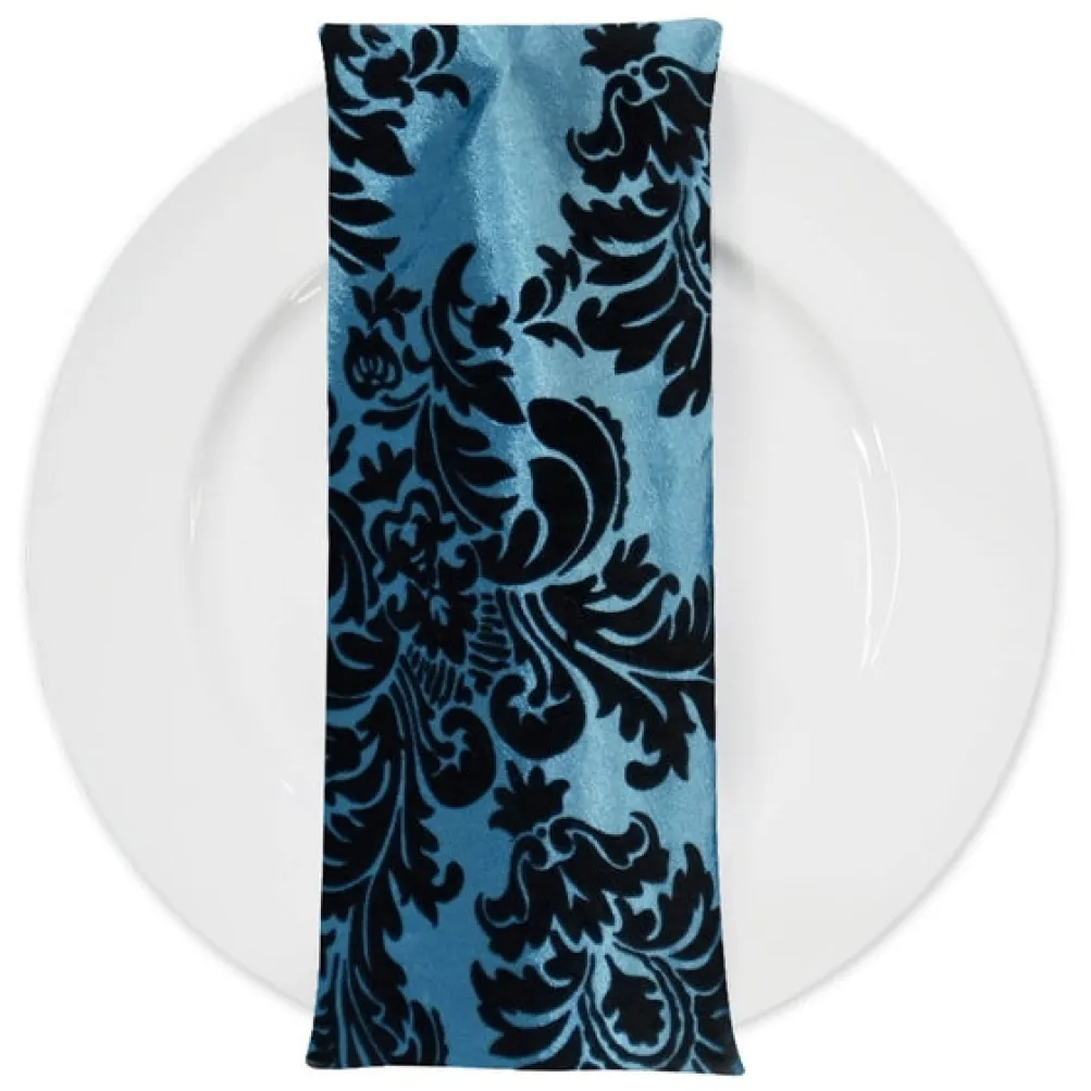 Damask Flocking Taffeta Table Napkin in Black on Turquoise