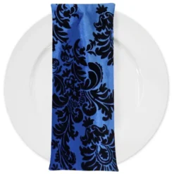 Damask Flocking Taffeta Table Napkin in Black on Royal