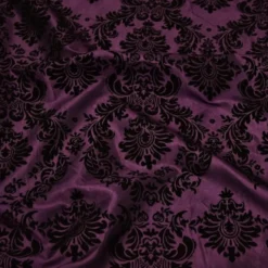 Damask Flocking Taffeta Table Linen in Black on Plum