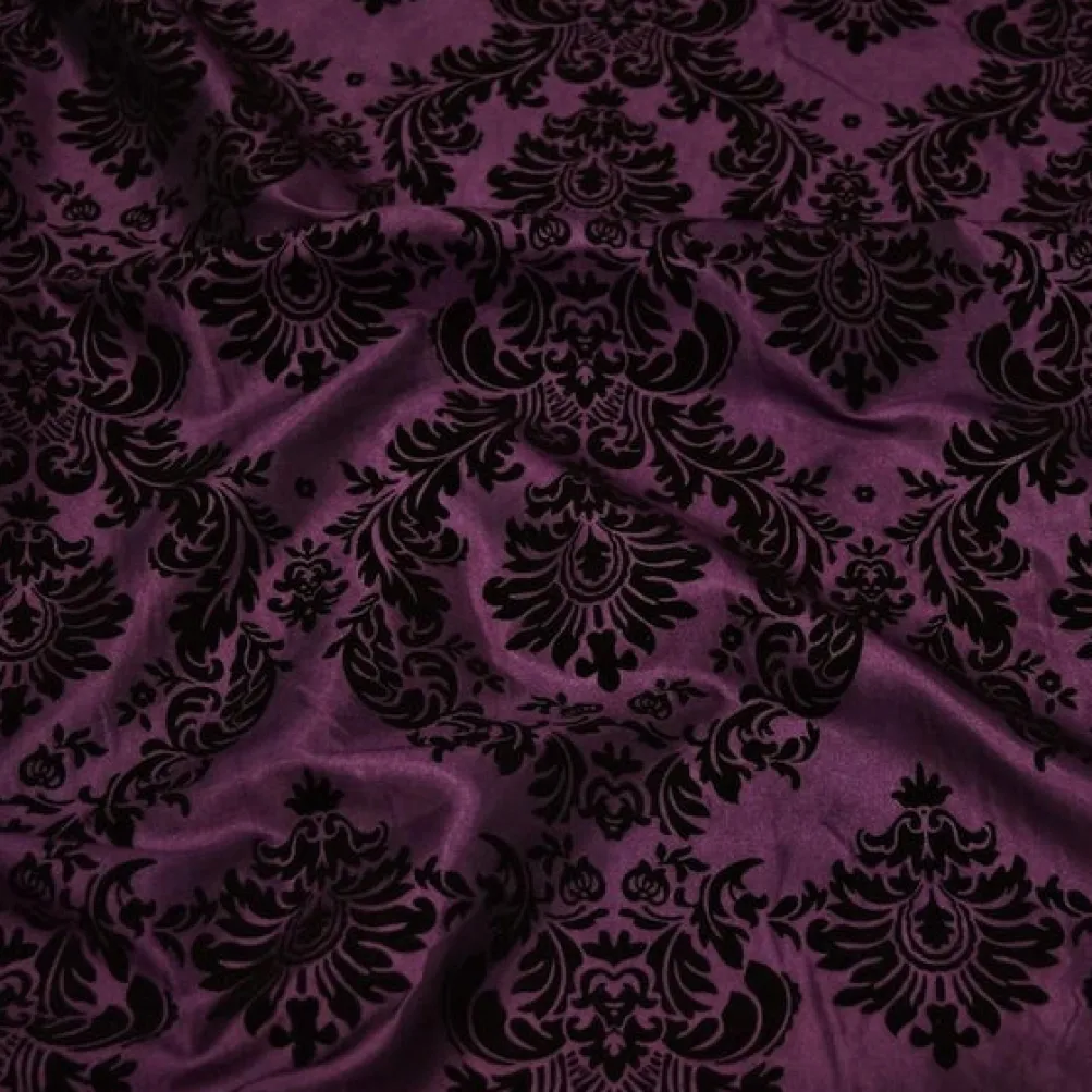 Damask Flocking Taffeta Table Linen in Black on Plum