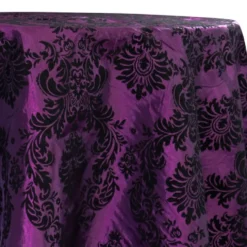 Damask Flocking Taffeta Table Linen in Black on Plum