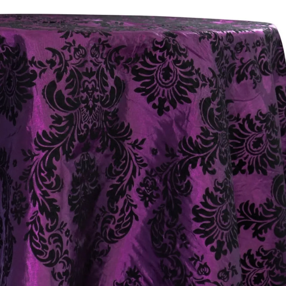 Damask Flocking Taffeta Table Linen in Black on Plum