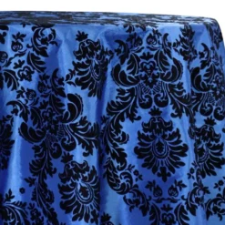 Damask Flocking Taffeta Table Linen in Black on Royal