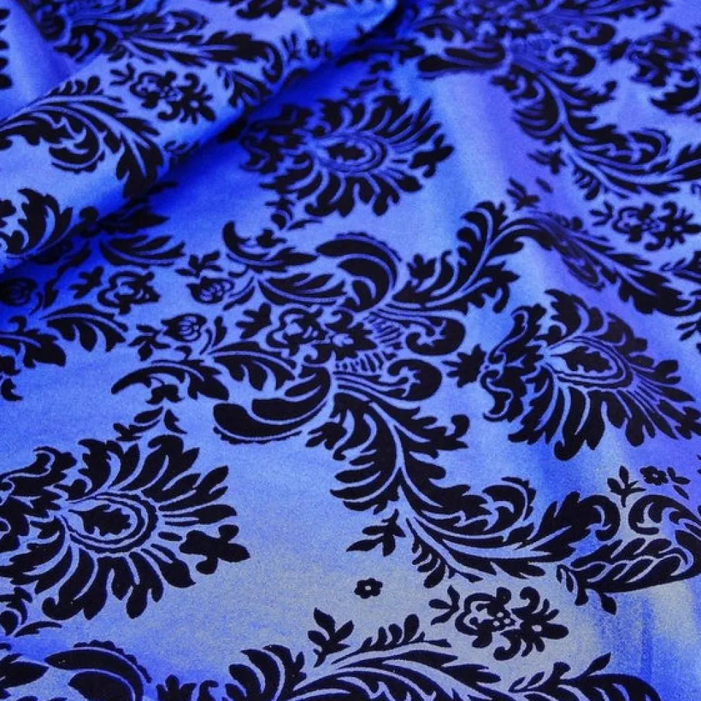 Damask Flocking Taffeta Table Linen in Black on Royal