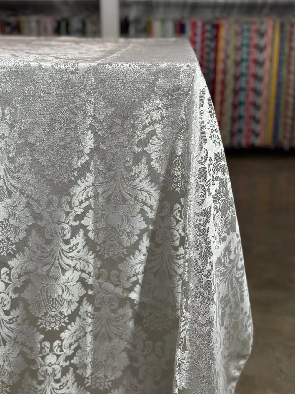 Damask Poly Table Linen in Silver 1310