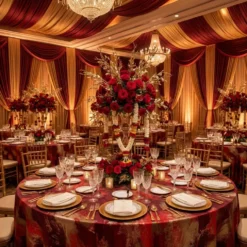 Element Jacquard Table Linen in Red and Gold