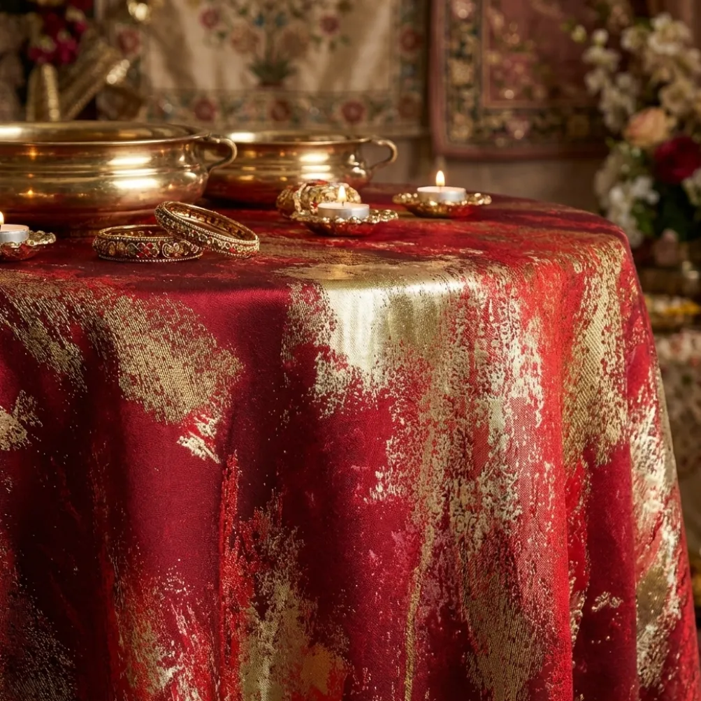 Element Jacquard Table Linen in Red and Gold