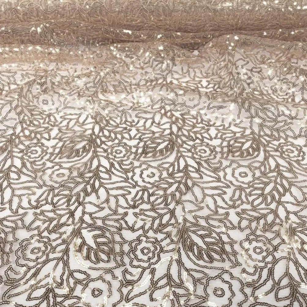 Fiori Leaf Sequins (w/ Poly Lining) Table Napkin in Champagne