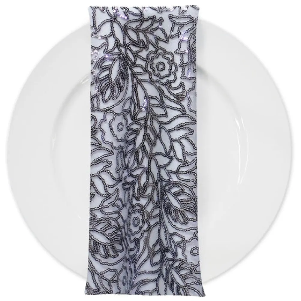 Fiori Leaf Sequins (w/ Poly Lining) Table Napkin in Grey