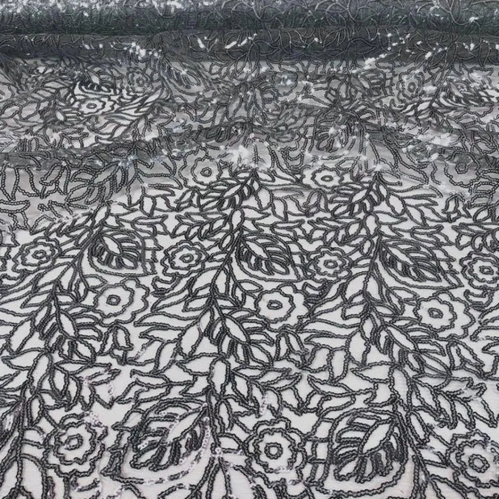 Fiori Leaf Sequins (w/ Poly Lining) Table Napkin in Grey