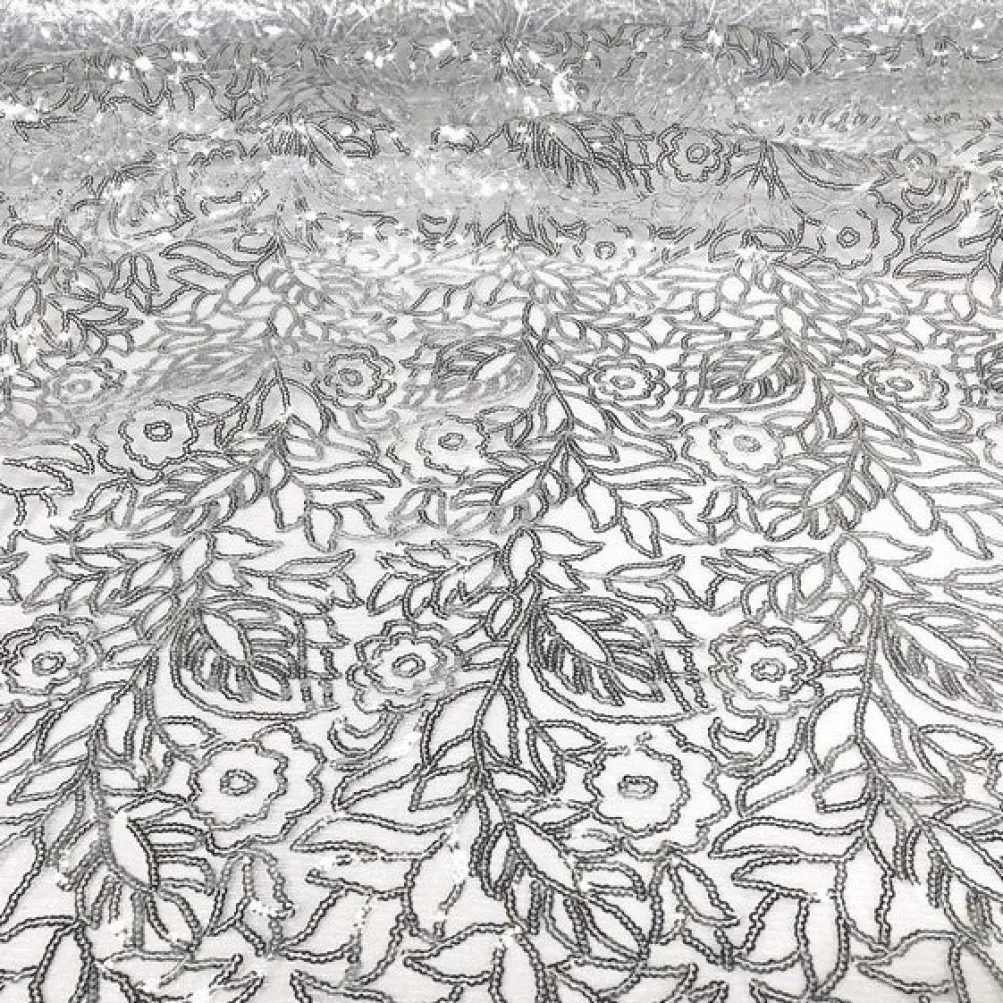 Fiori Leaf Sequins (w/ Poly Lining) Table Napkin Silver