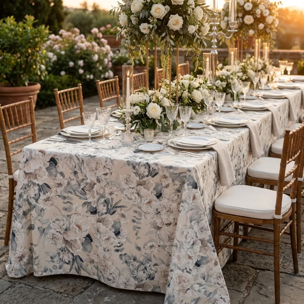 Floral Dusk (Poly Print) Table Linen in Ivory