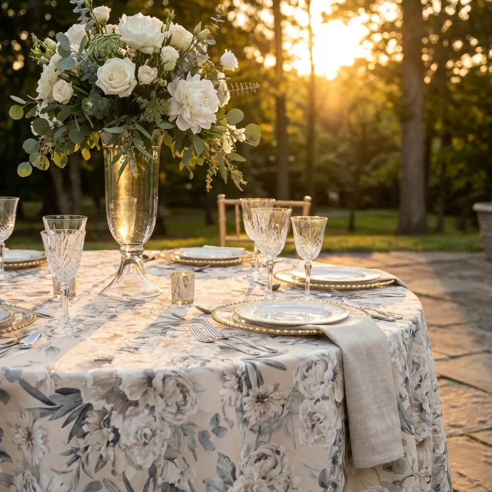 Floral Dusk (Poly Print) Table Linen in Ivory