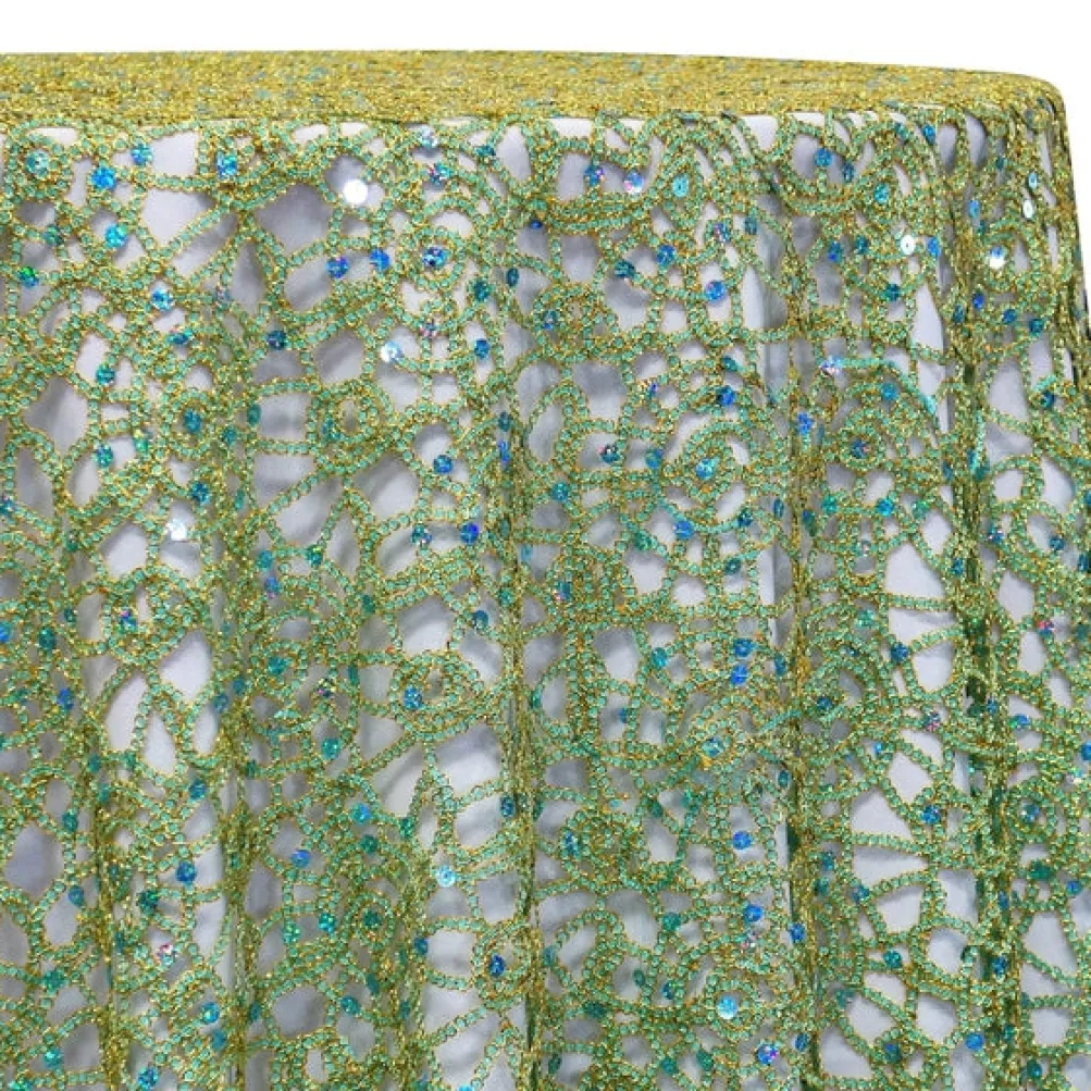 Flower Chain Lace Table Linen in Teal Green and Gold