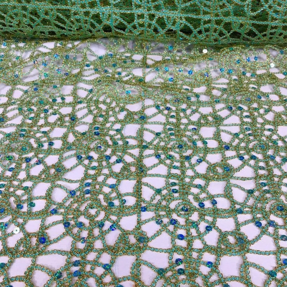 Flower Chain Lace Table Linen in Teal Green and Gold