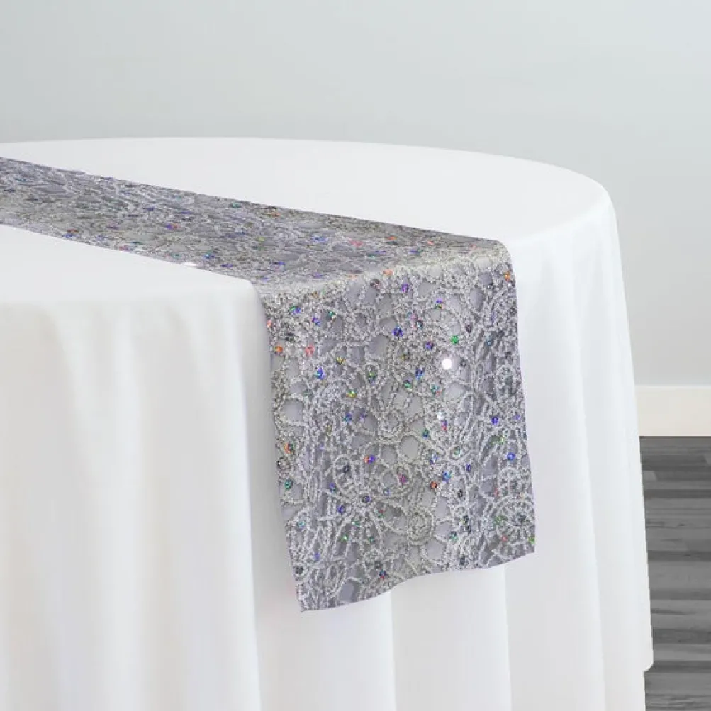 Flower Chain Lace Table Runner in Silver and White