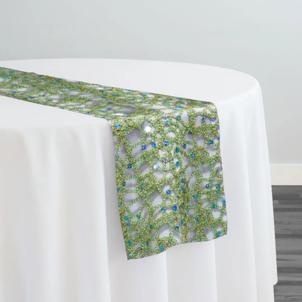 Flower Chain Lace Table Runner in Teal Green and Gold