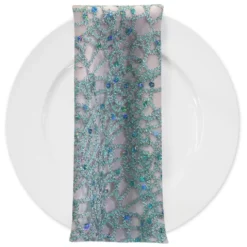 Flower Chain Lace (w/ Poly Lining) Table Napkin in Aqua and Silver