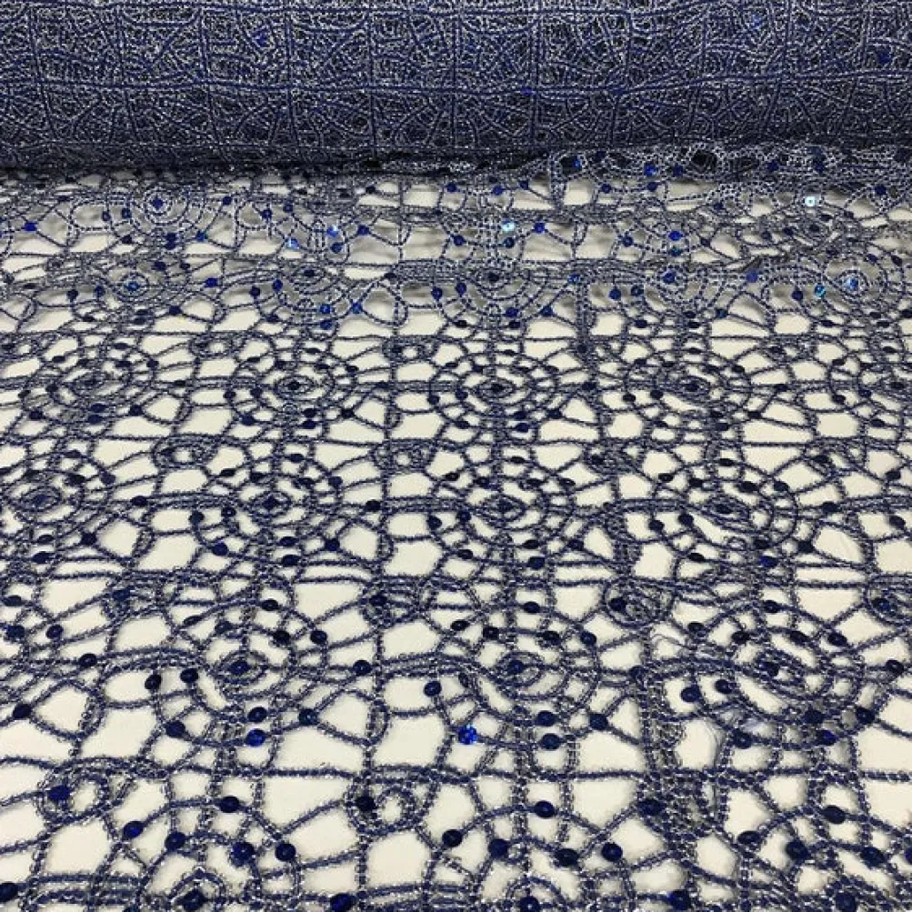 Flower Chain Lace (w/ Poly Lining) Table Napkin in Navy and Silver