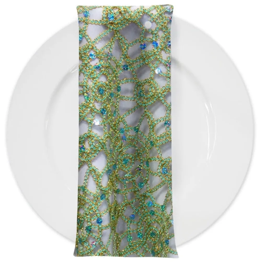 Flower Chain Lace (w/ Poly Lining) Table Napkin in Teal Green and Gold