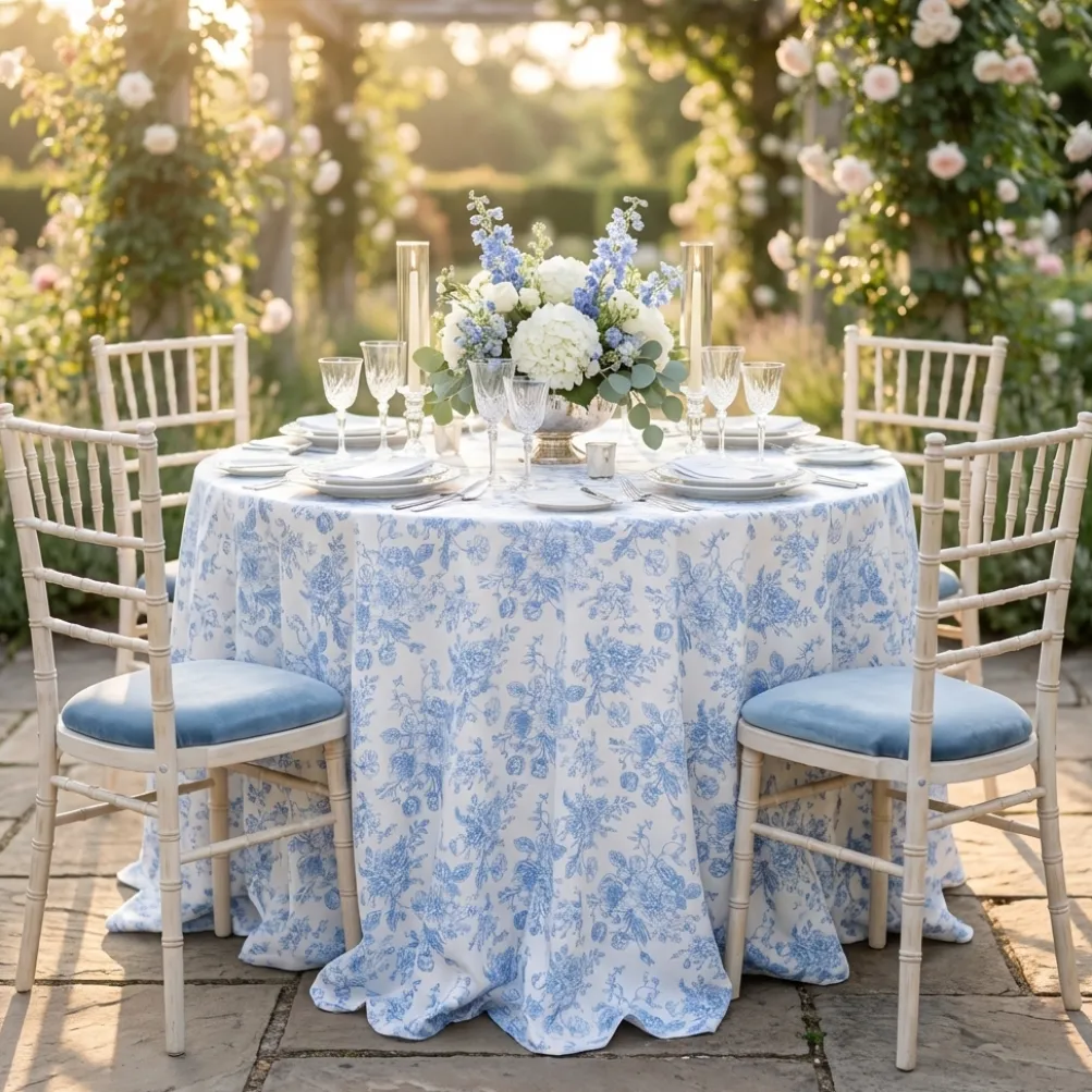 French Toile (Poly Print) Table Linen in Lt Blue