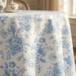 French Toile (Poly Print) Table Linen in Lt Blue