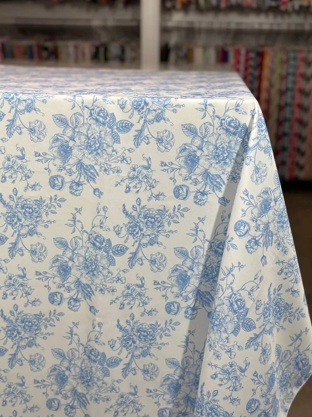 French Toile (Poly Print) Table Linen in Lt Blue