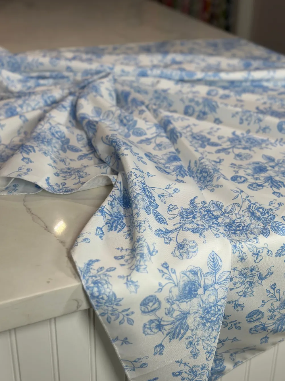 French Toile (Poly Print) Table Linen in Lt Blue