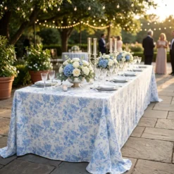 French Toile (Poly Print) Table Linen in Lt Blue