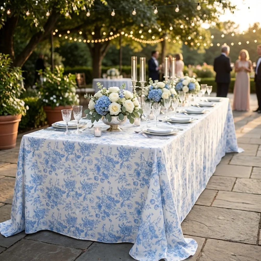 French Toile (Poly Print) Table Linen in Lt Blue