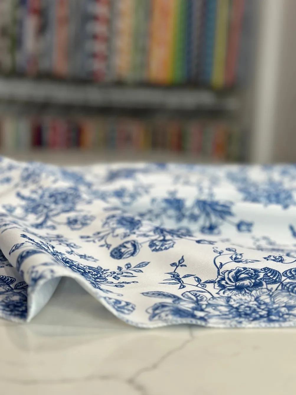 French Toile (Poly Print) Table Linen in Royal Blue