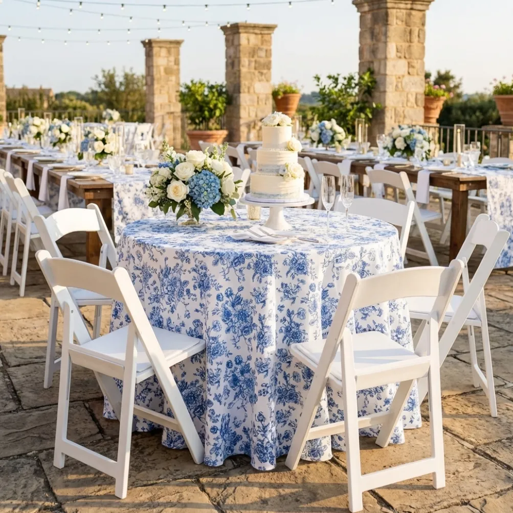 French Toile (Poly Print) Table Linen in Royal Blue