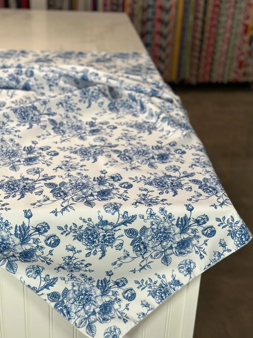 French Toile (Poly Print) Table Linen in Royal Blue