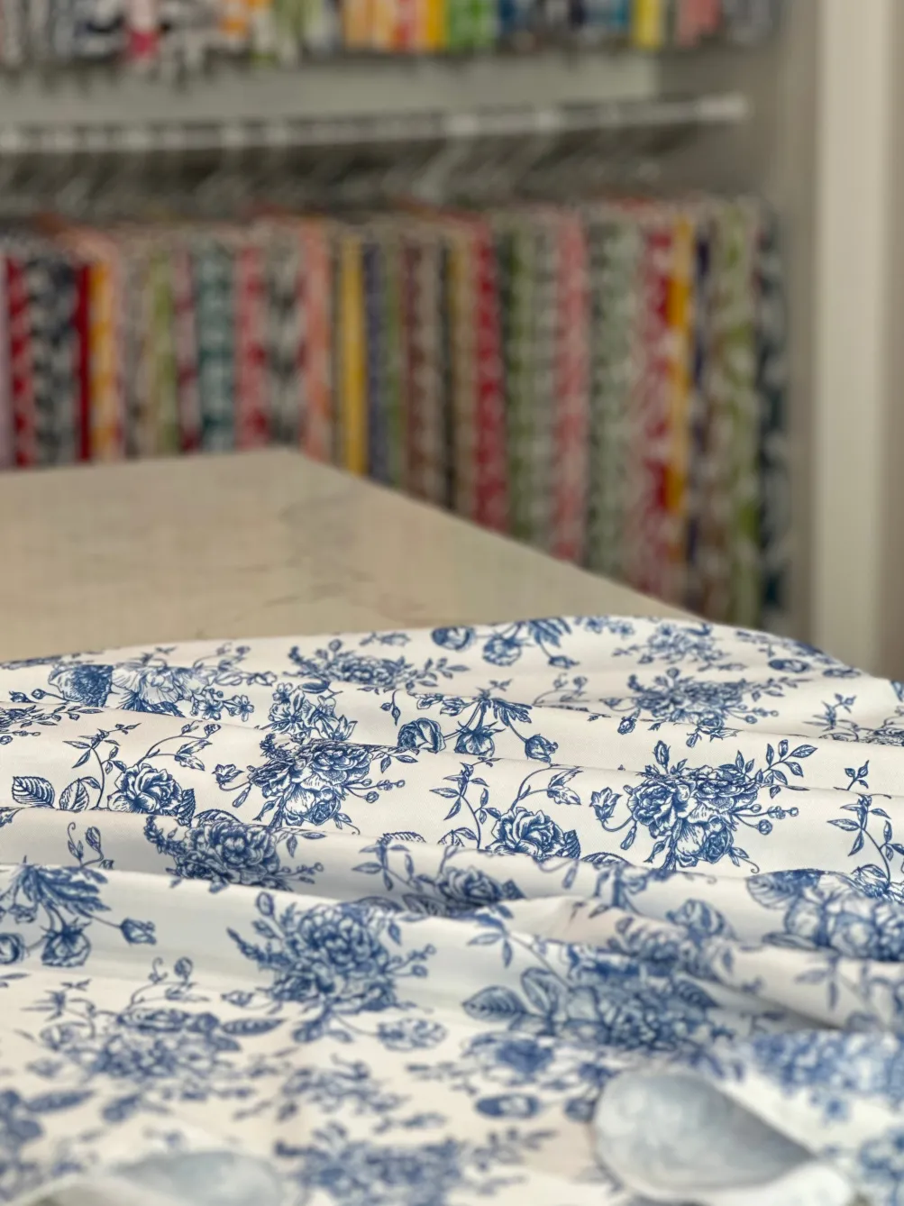 French Toile (Poly Print) Table Linen in Royal Blue