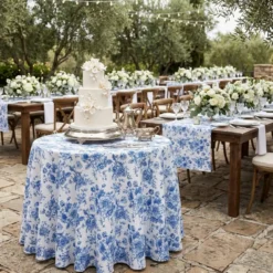 French Toile (Poly Print) Table Linen in Royal Blue