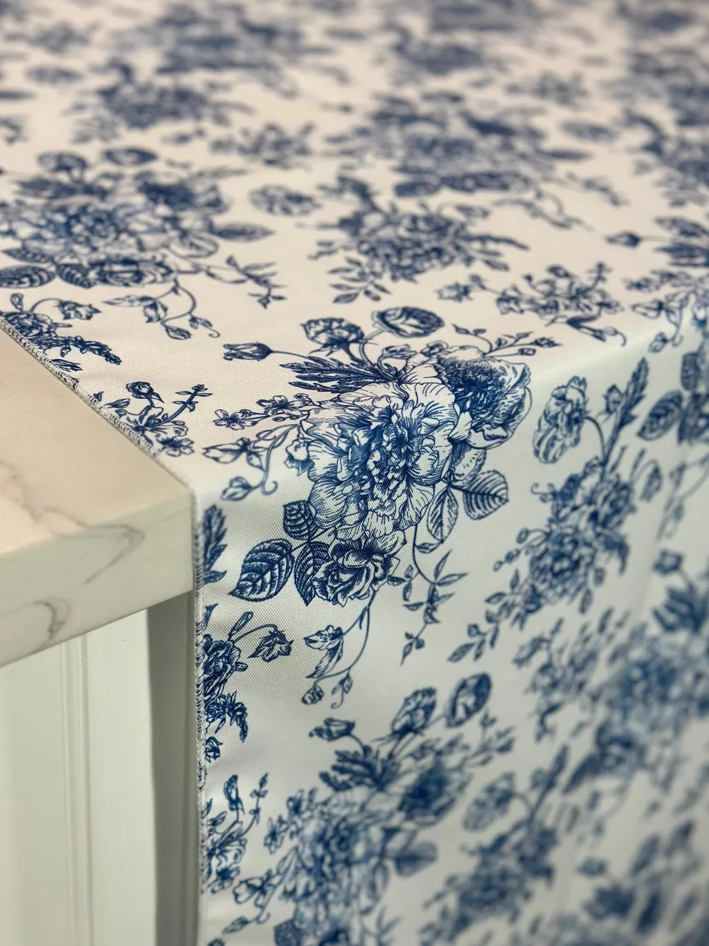 French Toile (Poly Print) Table Linen in Royal Blue