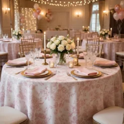 French Toile (Poly Print) Table Linen in Dusty Rose
