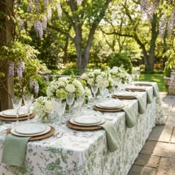 French Toile (Poly Print) Table Linen in Willow Green