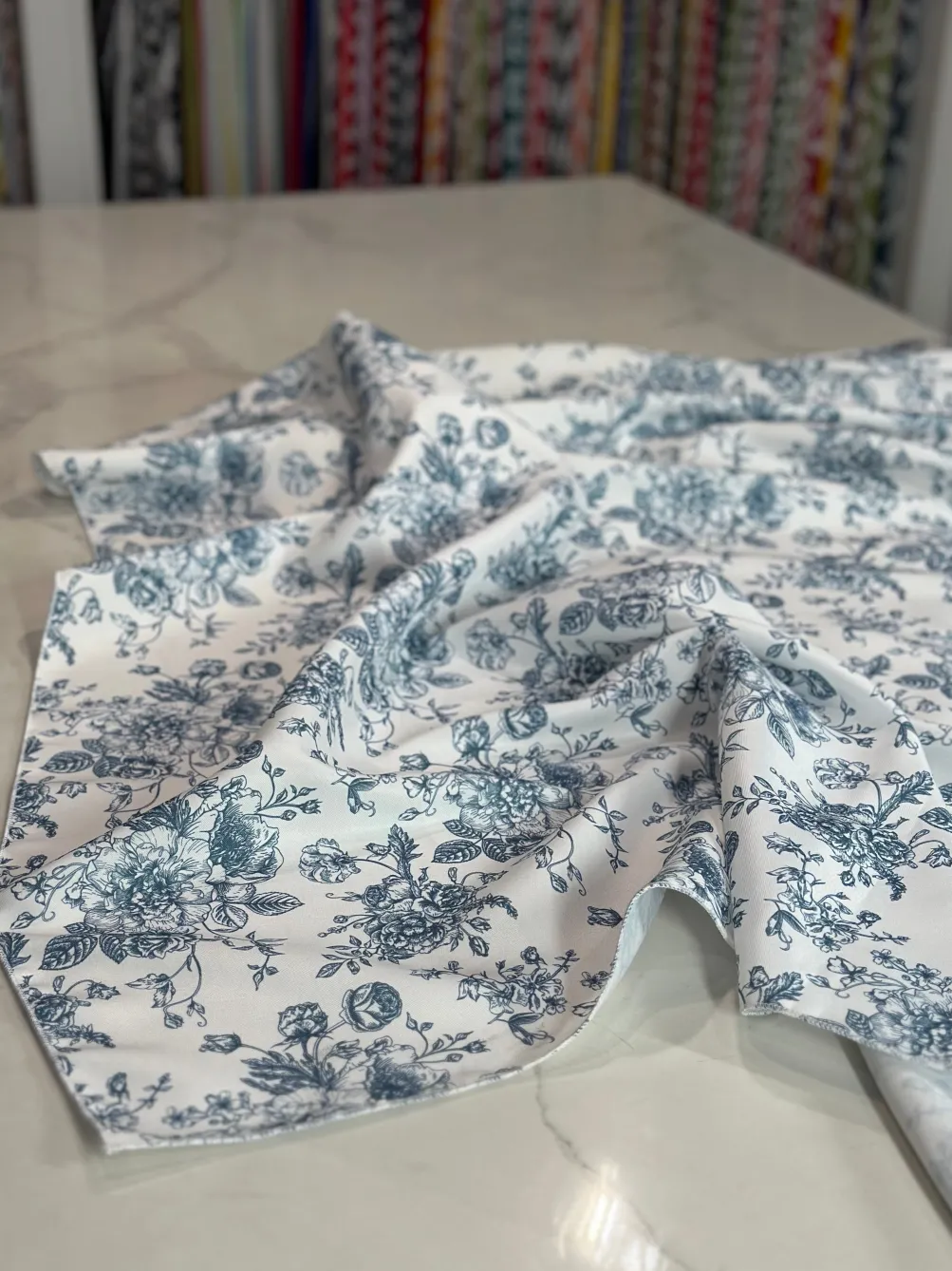 French Toile (Poly Print) Table Linen in Copen Perry
