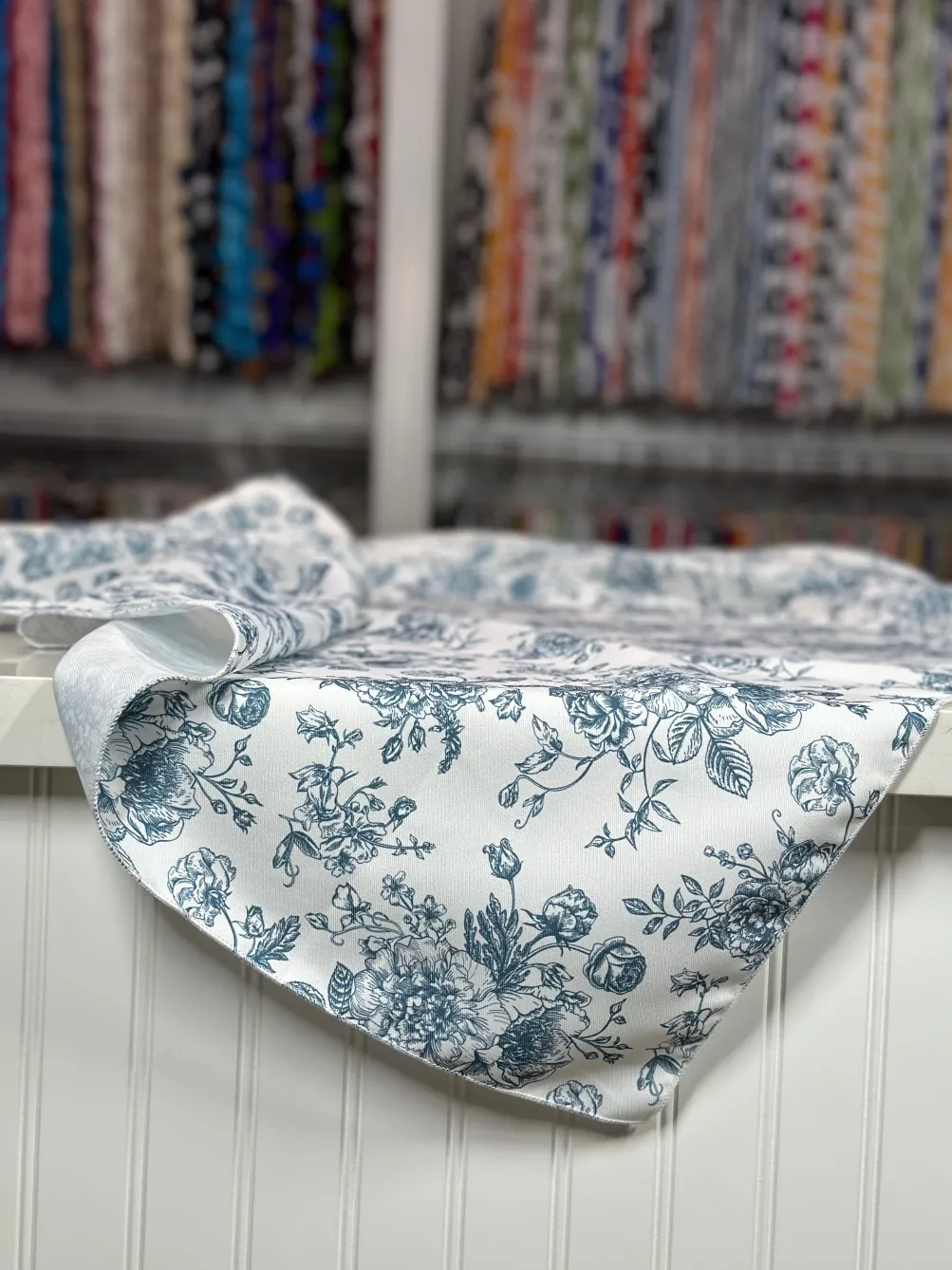 French Toile (Poly Print) Table Linen in Copen Perry
