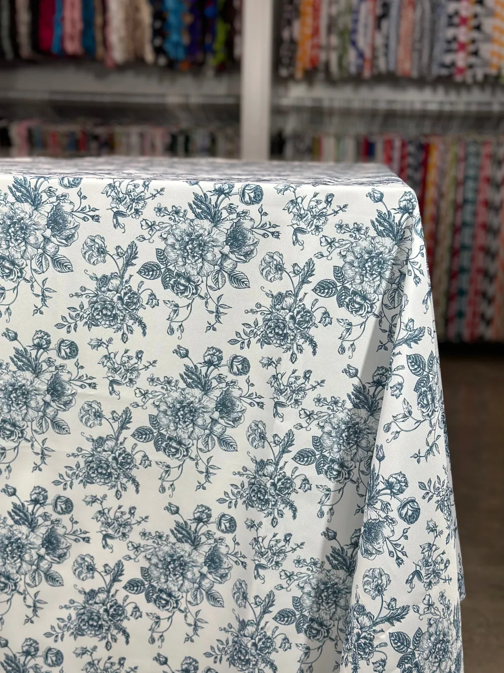 French Toile (Poly Print) Table Linen in Copen Perry