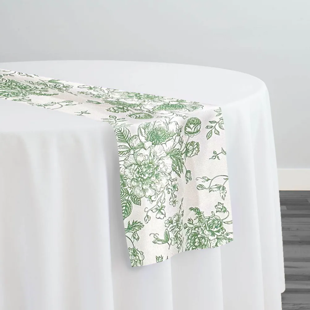 French Toile (Poly Print) Table Runner in Willow Green