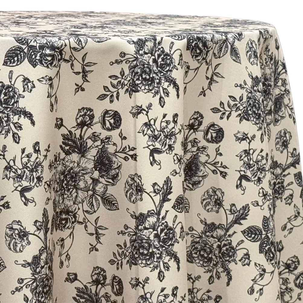 French Toile (Poly Print) Table Linen in Black / Taupe