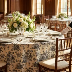 French Toile (Poly Print) Table Linen in Black / Taupe