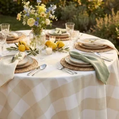 Hampton Checker (Poly Print) Table Linen in Taupe